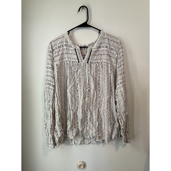 LOFT Geometric Striped Split Neck Blouse XL Aztec Southwestern Print Long Sleeve - Picture 1 of 4